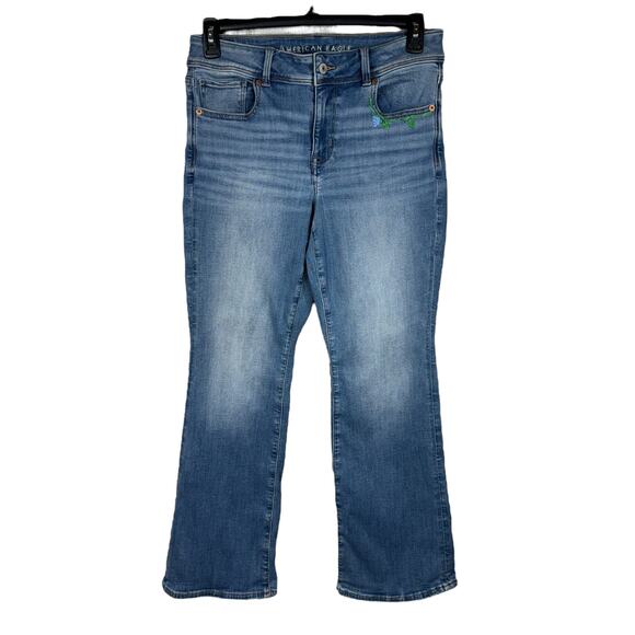 American Eagle SZ 12 SHORT Kick Boot Jeans Floral Embroidery Stretch Mid-Rise - Picture 1 of 13